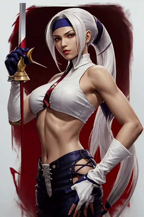 superbull snk the_king_of_fighters the_king_of_fighters_2001 foxy_(kof) highres 1girl armpits breasts covered_navel dark_skin gloves headband large_breasts long_hair looking_at_viewer midriff ponytail rapier red_eyes solo sword weapon white_hair