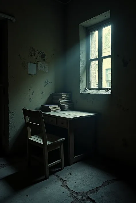 a dark room in the favela with some books in the corner a table and a wooden chair horizontally