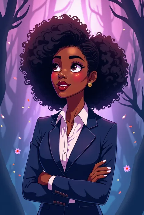 Animation ok, character is a black woman, highlighted curly hair, psychologist and with purple and blue background and psychology symbols.