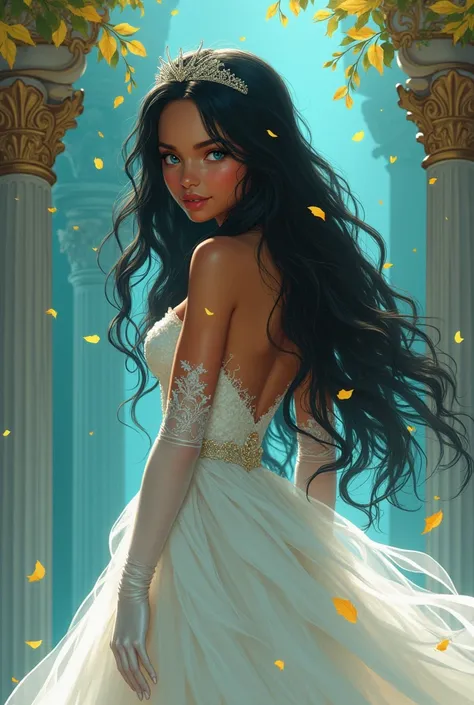 Caramel skin princess, with long black hair and light blue eyes. Her back has black veins popping out, she wears a wedding dress and white silk gloves. shes scared. In the background is a turquoise palace and golden leaves fall from the sky.. Realistic ill...