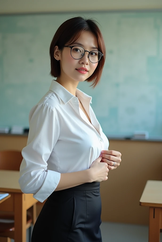 Thai female teacher , short hair ,Wear glasses, White shirt, black skirt , Short skirt , See the underwear, big breasts ,Unbutton the shirt, leaving the chest exposed , Turn your butt towards the audience. , The background is a classroom. ,Show breast meat...