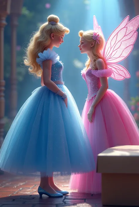 Cinderella in a beautiful, shiny blue dress, with blond hair , glass slippers and a cardboard box in the background , and the fairy godmother on the winged side all in pink , create realistic photo 
