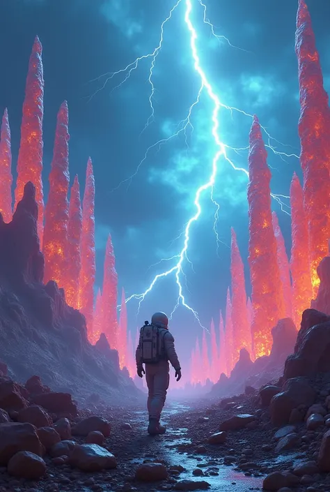 Please help me create a photo of an astronaut exploring the planet，There are many crystals，Colorful，To have a thunder and lightning effect，Fully charged