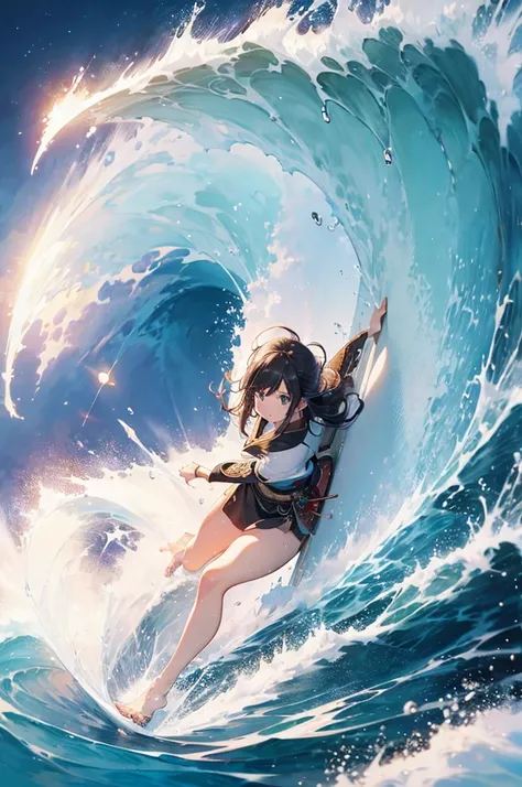 High definition,　High quality,　８ｋ、((japanese painting)), samurai elf girl, surfing, big wave, 