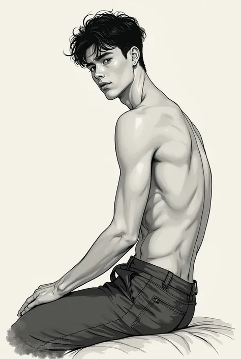 in Chinese and Japanese ink art style, black and white, front view, slender young man, shirtless, barefoot, pantless, in a studio, ambient light, becoming the subject composition, soft colors, perfect composition, beautiful, slender, handsome young man, si...