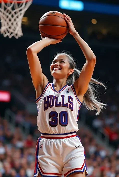 A beautiful youthful looking white Asian women as a 50 years old woman with very long hair completely gray hair in a 90s ponytail as a retired NBA player wearing her old NBA jersey shooting the ball in the basket in a nba stadium she is smiling for the cam...