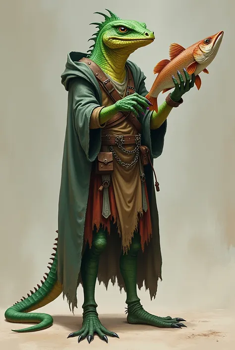 A tall green lizardfolk in rogue&#39;s clothing holding a fish as if it were a sword