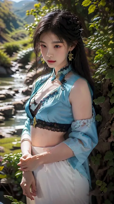 garden,On the grass,an oriental girl,long hair shawl,Miansha on the face,Big breasts,earrings,Wearing an ancient Han Dynasty mini lace skirt,Chest gemstone jewelry,坐在On the grass,