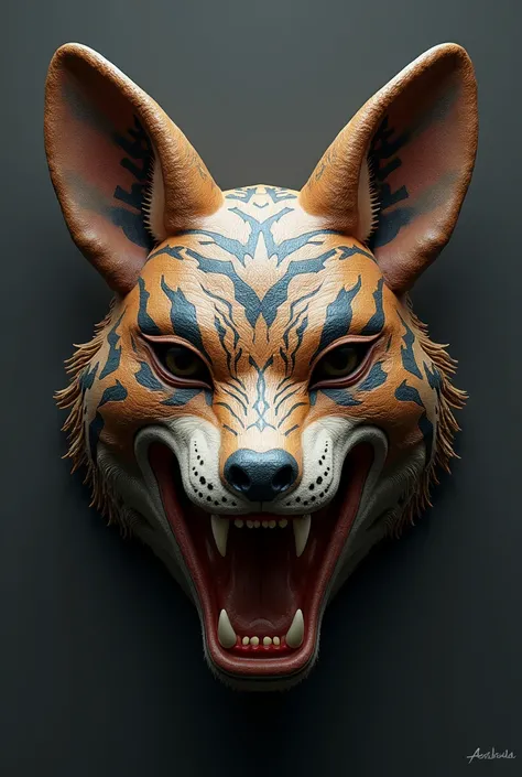 Nahual Mask is part coyote on the right side, part jaguar on the left side and the super part deer with the mouth open showing the tongue blown with large fangs
