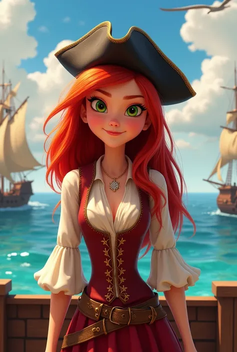 Pirate girl with long, loose red hair dressed as a Pixar pirate

