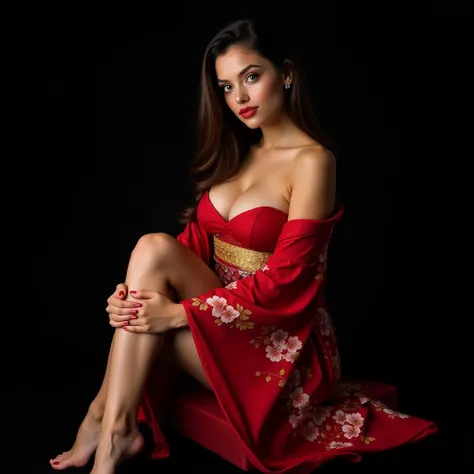 Latin woman, 18 years, green eyes in asian kimono showing big breasts, showing legs, Sitting on red velvet stool, Photo studio, Black background, the highest quality in image 