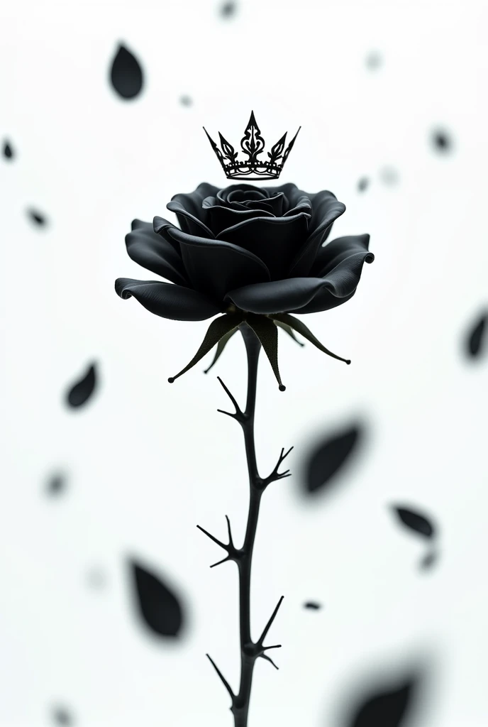 A black rose with a thorny stem floating with a crown on top of it, the background is white with blurred black petals falling