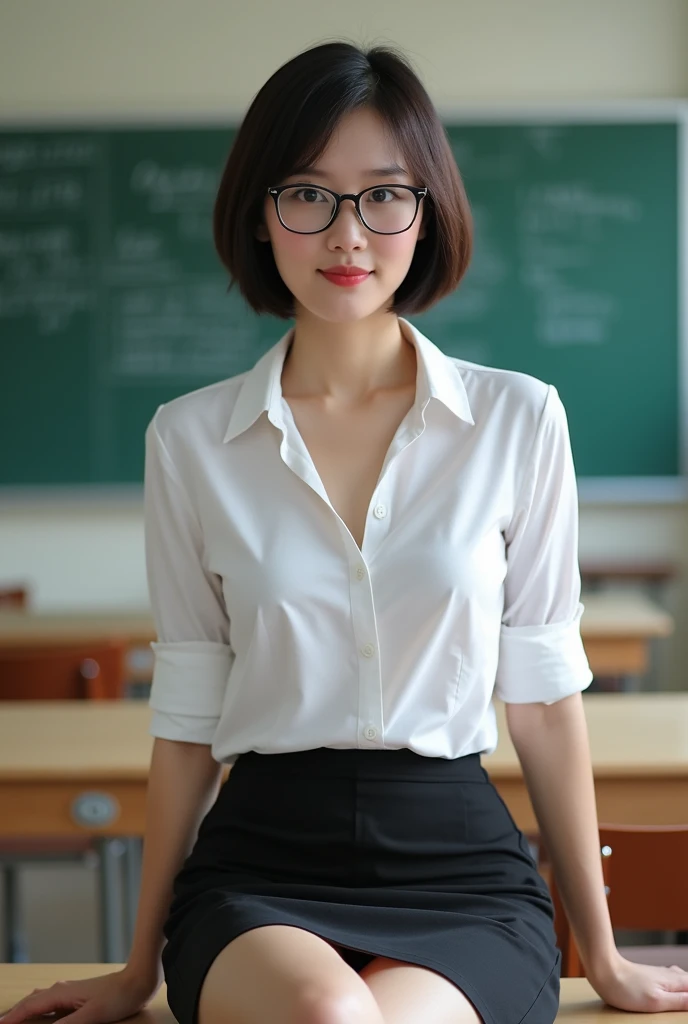 Thai female teacher , short hair ,wear glasses, white shirt, black skirt , short skirt , Look at the underwear., big breasts ,Unbutton your shirt., Leave your chest open  , The background is a classroom.. ,Show your breasts , H cup , Sit with your legs apa...