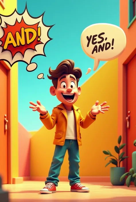 Design a modern and eye-catching image for an animated video in which the main character is telling a joke.  Usa colores vibrantes como naranAnd brillante, Yellow and turquoise to create a lively atmosphere. The background may include abstract shapes or co...