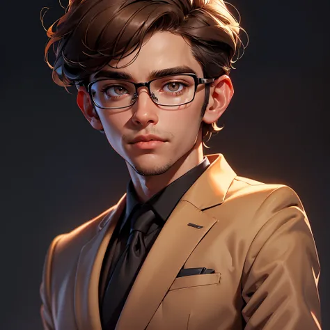 envision a 8k, highres, semi realistic cinematic close up portrait of a smart nerdy guy working on technology with a slender body, clean shaved, short sleek brown hair, and brown eyes, glasses, red sweatshirt, beige slacks, belt, dress shoes, tech attachme...