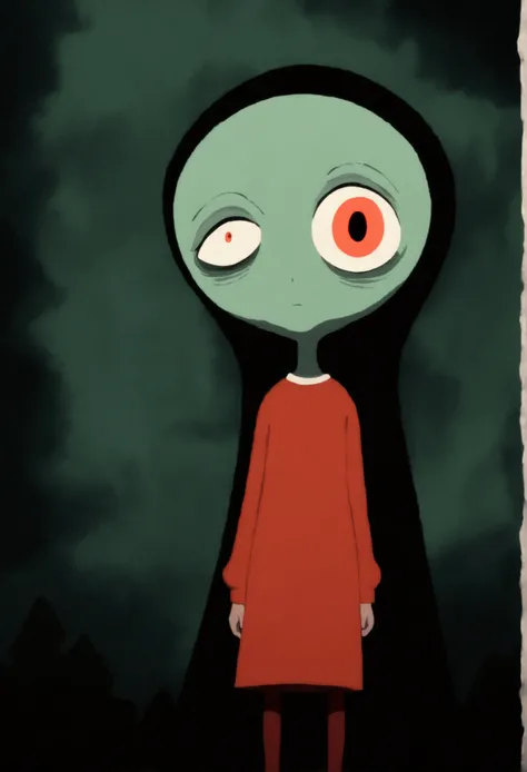 painting of a person standing in front of a red eye, yume nikki, animated film still, still from animated horror movie, inspired by Junji Ito, animation film still, one eye red, red-eyes, visible pupils, inspired by Gertrude Abercrombie, junji ito artwork,...