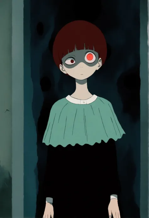 painting of a person standing in front of a red eye, yume nikki, animated film still, still from animated horror movie, inspired by Junji Ito, animation film still, one eye red, red-eyes, visible pupils, inspired by Gertrude Abercrombie, junji ito artwork,...