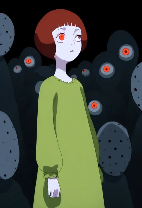 painting of a person standing in front of a red eye, yume nikki, animated film still, still from animated horror movie, inspired by Junji Ito, animation film still, one eye red, red-eyes, visible pupils, inspired by Gertrude Abercrombie, junji ito artwork,...