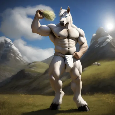 Furry, Kemono, Antro, Masculino, [Horse color White , white] , [Pupil (Blue Eyes)], Hairy texture, Tail ponny,  (Pose de Pie), Hoove, percheron, snug, white underwear, (White Mokko), [Fundoshi Moko bulto Big], [Fundoshi White, (Fundoshi close-fitting), (Mo...