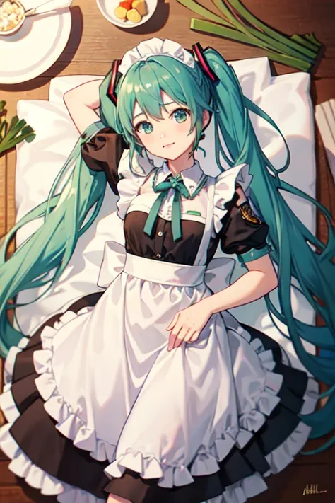 ((Highest quality)), Hatsune Miku、green onion、Maid clothes