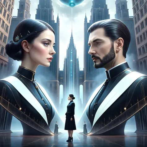 a man and a woman are standing in front of a building, symmetrical portraits sf, and mumford tom bagshaw, key art, and mumford. ...