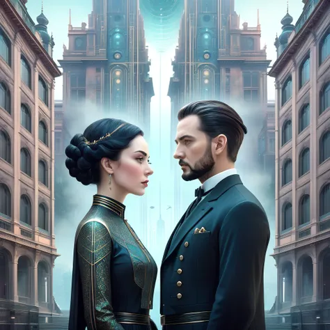 a man and a woman are standing in front of a building, symmetrical portraits sf, and mumford tom bagshaw, key art, and mumford. ...