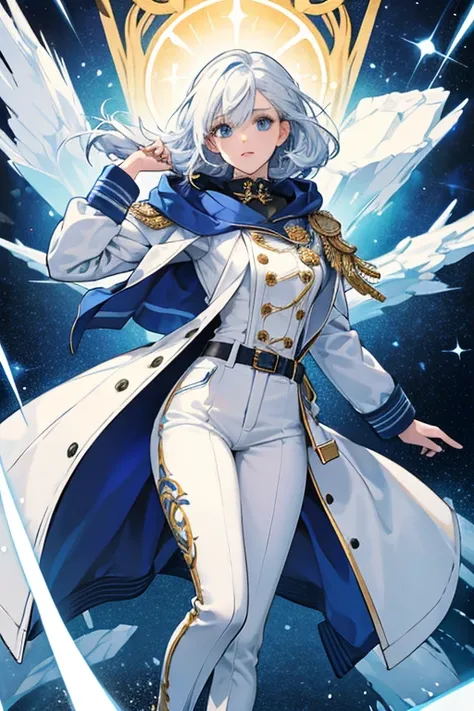 ice hair. she wears a symmetrical white hooded jacket with navy embroidery. Under this, she wears a blue shirt over white pants with gold cuffs, along with a dark navy undershirt. sHe has bandages around her right wrist and right ankle. sHe wears her Visio...