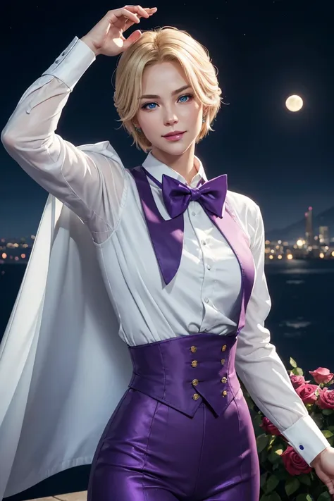 KOF,King of Fighters,King,Blue Eyes,Blonde Hair,Medium Hair,White long shirt,Purple vest,A bow tie,Beautiful white skin,Photorealistic,Ultra HD,high quality,masterpiece,Digital SLR,Detailed details,Intricate details,Anatomical basis,Depicted in detail,A de...