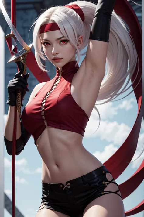 foxy_(kof), highres, 1girl, armpits, breasts, covered_navel, gloves, headband, large_breasts, long_hair, looking_at_viewer, midriff, ponytail rapier red_eyes, solo, sword weapon, white_hair