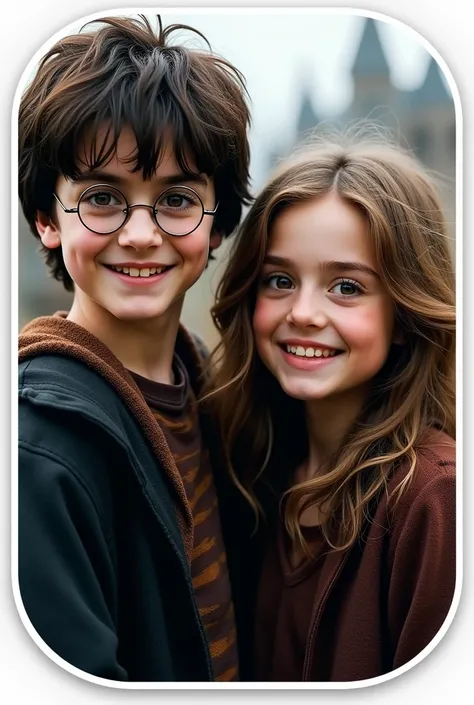 Create a sticker with white borders of a scene from the Harry Potter movie where 2 characters appear, younger boy and older girl. in high resolution with a blurred background, cinema image and hyperrealism. Os 2 olhando para a camera com um semblante feliz...