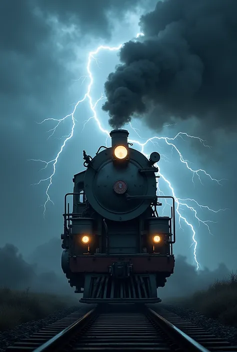 an background of a train struck by lightning behind it
