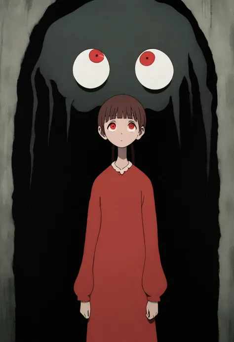 painting of a person standing in front of a red eye, yume nikki, animated film still, still from animated horror movie, inspired by Junji Ito, animation film still, one eye red, red-eyes, visible pupils, inspired by Gertrude Abercrombie, junji ito artwork,...