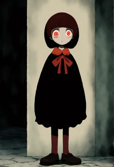 painting of a person standing in front of a red eye, yume nikki, animated film still, still from animated horror movie, inspired by Junji Ito, animation film still, one eye red, red-eyes, visible pupils, inspired by Gertrude Abercrombie, junji ito artwork,...