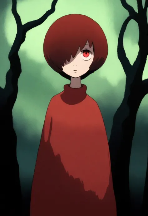 painting of a person standing in front of a red eye, yume nikki, animated film still, still from animated horror movie, inspired by Junji Ito, animation film still, one eye red, red-eyes, visible pupils, inspired by Gertrude Abercrombie, junji ito artwork,...