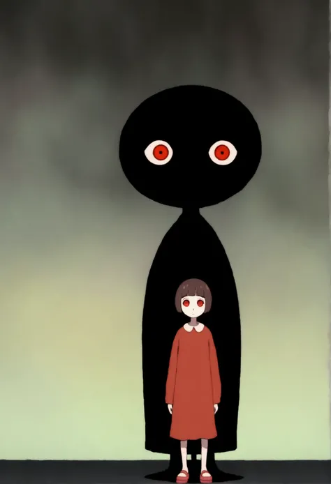 painting of a person standing in front of a red eye, yume nikki, animated film still, still from animated horror movie, inspired by Junji Ito, animation film still, one eye red, red-eyes, visible pupils, inspired by Gertrude Abercrombie, junji ito artwork,...