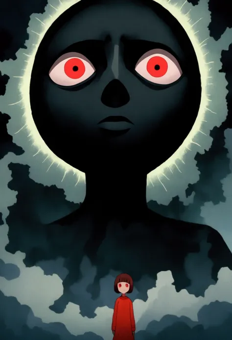 painting of a person standing in front of a red eye, yume nikki, animated film still, still from animated horror movie, inspired by Junji Ito, animation film still, one eye red, red-eyes, visible pupils, inspired by Gertrude Abercrombie, junji ito artwork,...