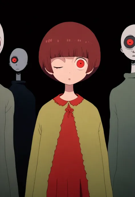 painting of a person standing in front of a red eye, yume nikki, animated film still, still from animated horror movie, inspired by Junji Ito, animation film still, one eye red, red-eyes, visible pupils, inspired by Gertrude Abercrombie, junji ito artwork,...