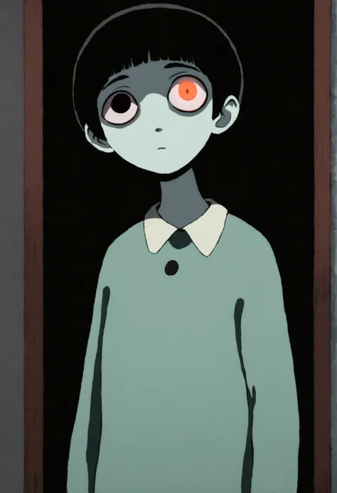 painting of a person standing in front of a red eye, yume nikki, animated film still, still from animated horror movie, inspired...