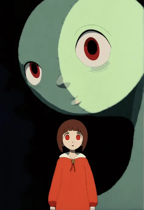 painting of a person standing in front of a red eye, yume nikki, animated film still, still from animated horror movie, inspired by Junji Ito, animation film still, one eye red, red-eyes, visible pupils, inspired by Gertrude Abercrombie, junji ito artwork,...