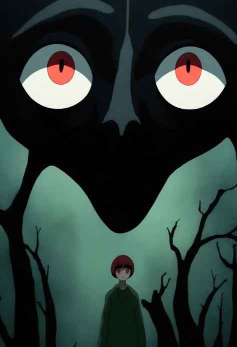 painting of a person standing in front of a red eye, yume nikki, animated film still, still from animated horror movie, inspired by Junji Ito, animation film still, one eye red, red-eyes, visible pupils, inspired by Gertrude Abercrombie, junji ito artwork,...