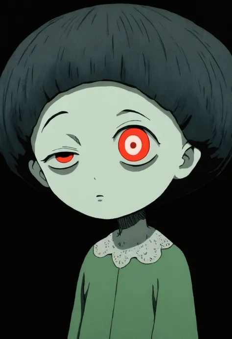 painting of a person standing in front of a red eye, yume nikki, animated film still, still from animated horror movie, inspired by Junji Ito, animation film still, one eye red, red-eyes, visible pupils, inspired by Gertrude Abercrombie, junji ito artwork,...