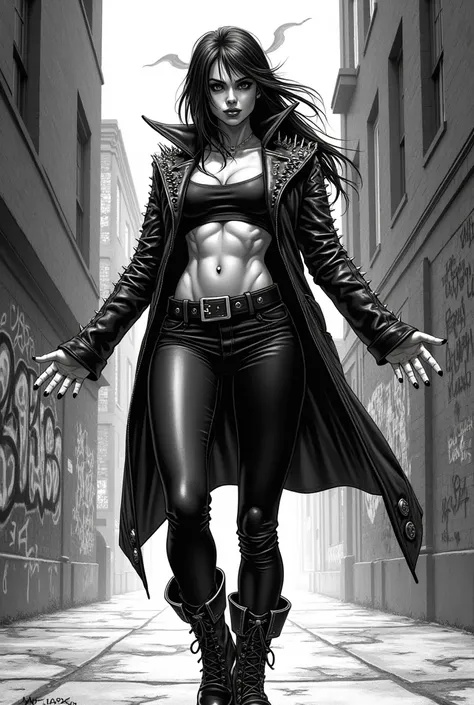 monochrome manga art style, formidable double dragon's marian, exuding confidence as a powerful gang boss, commanding presence with striking poses, sharp black leather jacket adorned with bold silver spikes, tightly fitted pants, combat boots, fierce expre