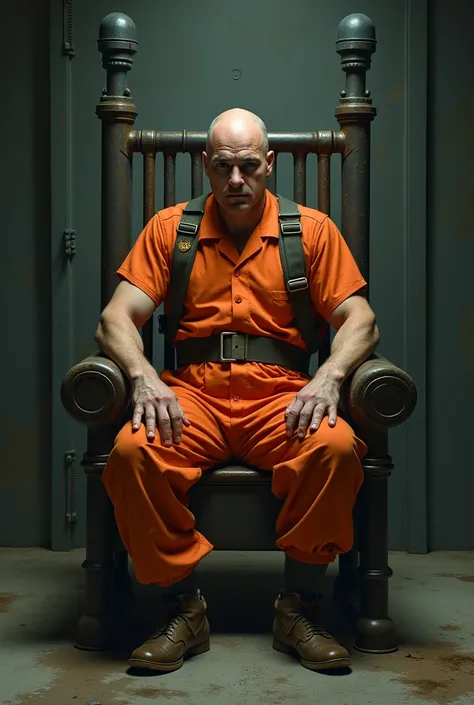 Bald man in orange prison clothes in a cramped saddle that makes it impossible to move his arms 