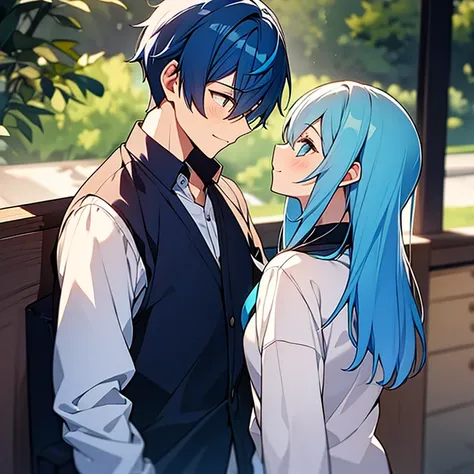 Cute girl and blue haired boy looking at each other 