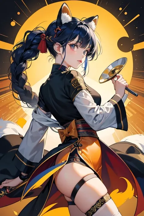 Xianglings navy blue hair and bangs are swept to one side by a golden hairclip with a paw motif, and the rest of her hair is braided in a looped bow-like updo at the back of her head resembling panda ears when viewed from the front, fastened with a small o...