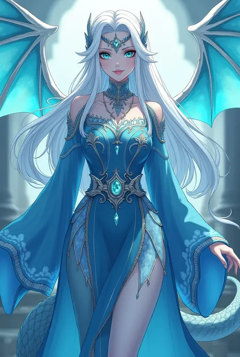 Hair: waist-length hair in white with blue streeks that posses an ethereal glow. 
Eyes: turquoise eyes, with slit pupils, reflect her draconic nature and hold the depth of the ocean. Skin: pale skin, tinged with blue
Clothing: wears a different types blue ...