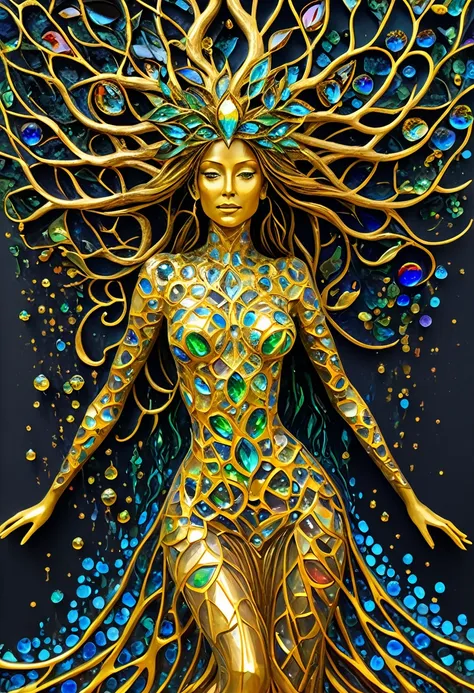 beautiful line art photo，use gold strokes and rainbow paint，golden maiden，the golden ratio，melted wax，visible brush strokes，surr...