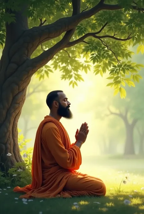 An Indian kneeling under a tree praying