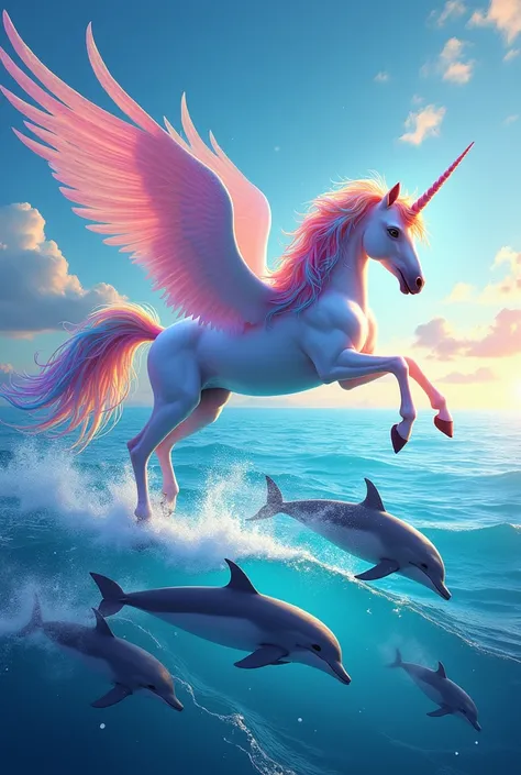 Create a very colorful image of a unicorn flying over the sea with dolphins 