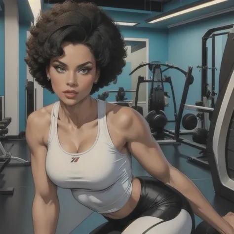 a robust and attractive afro-descendant woman, small bust, wide hips wearing a white tank top and black leggings, wearing queen system sneakers, sensual pose in the gym, daring look, detailed face, high quality, 8k, photorealistic, studio lighting, physica...